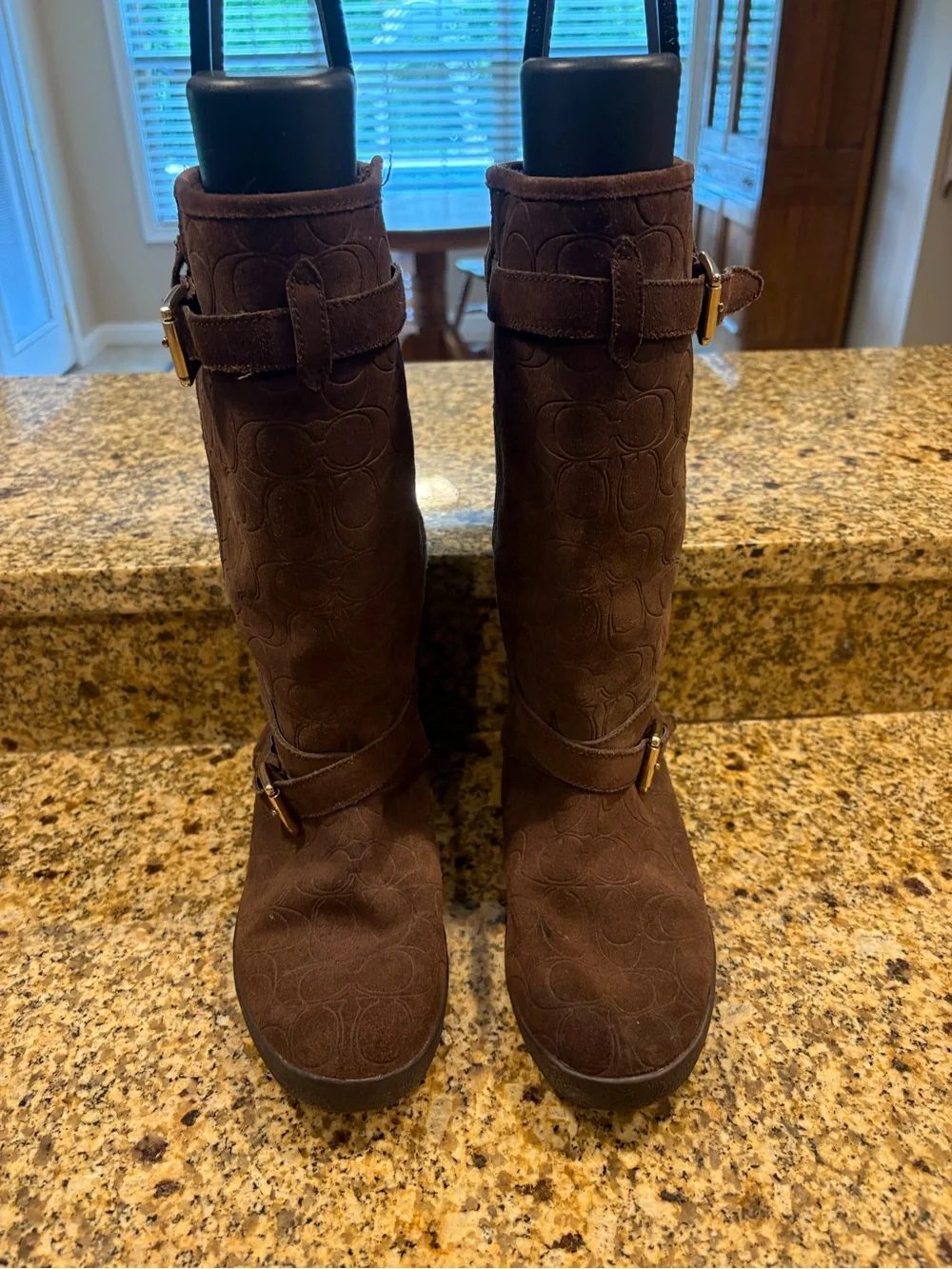 Coach Thelma Mahogany Brown Suede Monogram Faux Fur Buckle Boots Womens 9